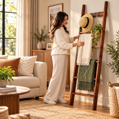 Wooden Blanket Ladder for Living Room 6-Tier, Decorative - Image 7