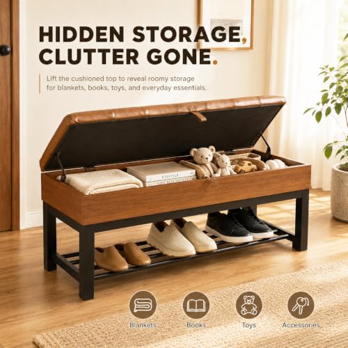 43.3'' Storage Bench with Shoe Rack, Tufted Entryway Bench - Image 7