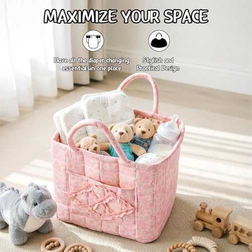 Quilted Fabric Car Storage Basket with Handles & Pocket - Image 8