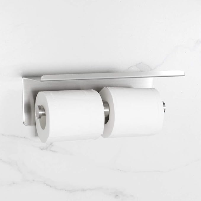 Double Paper Holder, Paper Roll Holder with Shelf, Stainless Steel Roll Holder for or Bathroom Wall Mount Brushed Finish