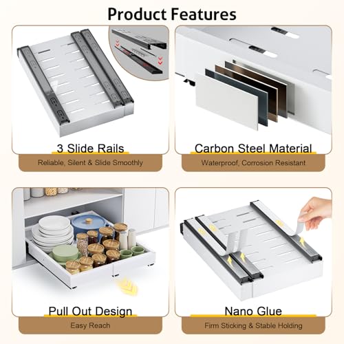 Pull Out Cabinet Organizer, Expandable Width (11.4"-18.9") Depth (16.3"-21.7") Pull out Drawers for Cabinets with 3 Rails, No Drill Adhesive Film or Nail Fixed Slide out Drawers fo