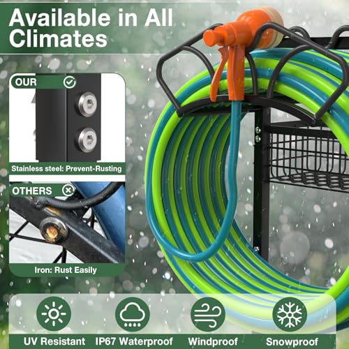 Garden Hose Holder with Large Basket, Heavy Duty Hose Reel, Black - Image 7