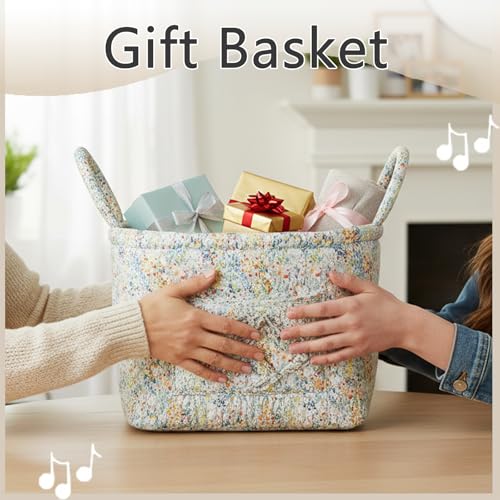 Quilted Fabric Storage Basket with Handles & Pocket - Image 8