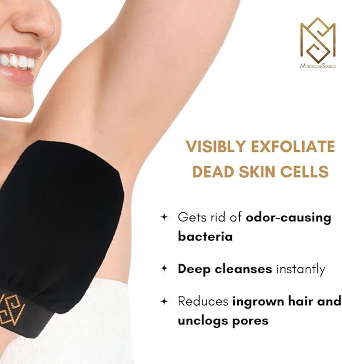 Exfoliating Glove Kessa Mitt Body Scrubber – Dead Skin Remover Shower Glove for Deep Pore Cleansing, Black Soap, and Moisturizer with Argan Oil by Moroccan Source – 3 Piece Spa Set Kit