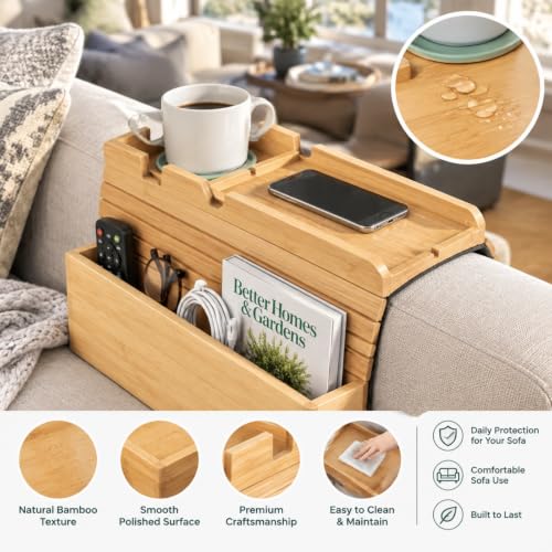 Bamboo Sofa Armrest Tray with Storage Pocket - Image 7