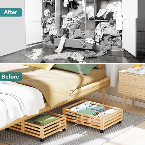 2 Packs Bamboo Under Bed Storage Organizer with Wheels - Image 7