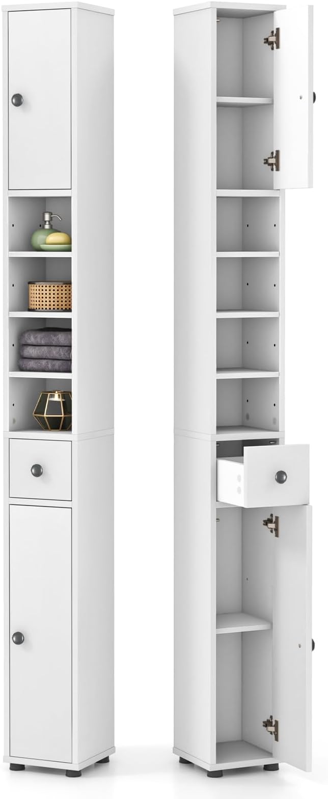 LDAILY 71”Tall Narrow Storage Cabinet, Skinny Bathroom Storage with 1 Drawer, 2 Doors, 5 Adjustable Shelves and Anti-Tipping Device, Wooden Slim Bathroom Cabinet for Office, Kitchen, Small Space