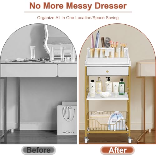 Makeup Organizer Cart, Rolling Vanity Storage, Gold and White - Image 7