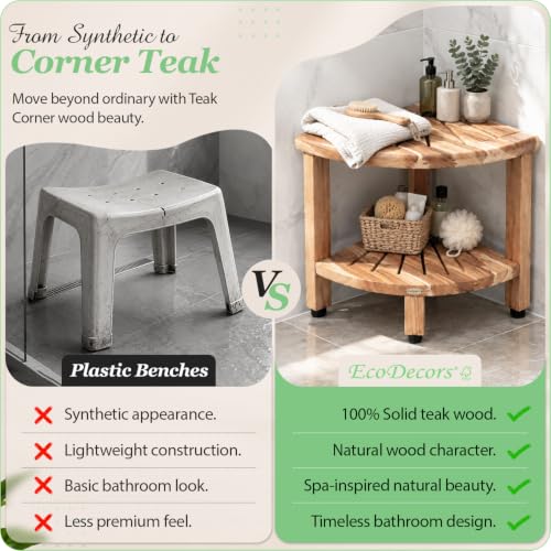 EcoDecors 18" Corner Teak Shower Bench with Shelf, Waterproof - Image 8