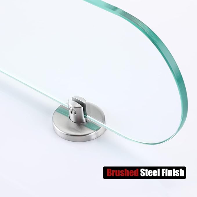 JQK Bathroom Glass Shelf, Floating Tempered Glass Shower Storage 12 by 5 inches, 304 Stainless Steel Brushed Finish Wall Mount 2 Pack, TGS121L12-BN-P2