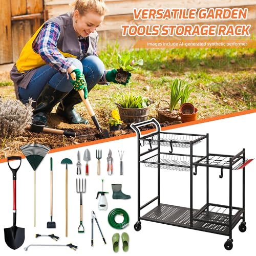 Rolling Garden Tool Organizer with Shelves and Hooks, Black - Image 7