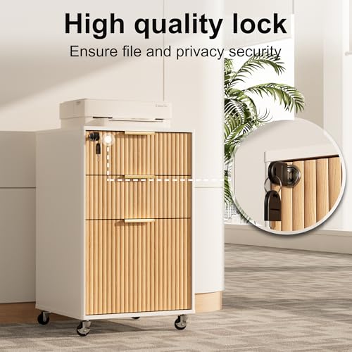 3 Drawers Fluted Mobile File Cabinet with Lock, Rolling - Image 7