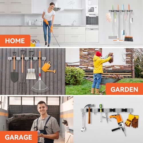 2 Pack Mop Broom Holder Wall Mount 4 Racks 5 Hooks Storage Silver - Image 8