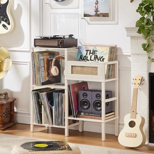 LELELINKY Record Player Stand, White Cream Oak Wood Record - Image 8