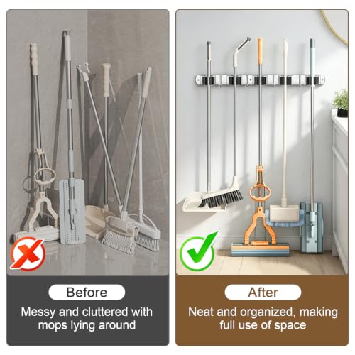 4 Pack Broom Holder Wall Mount, 5 Racks 4 Hooks Mop - Image 7