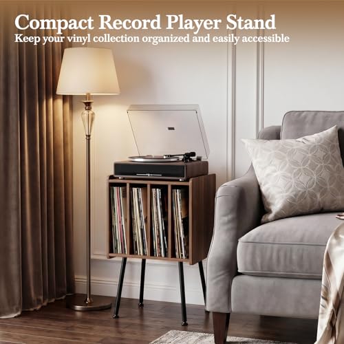 Record Player Stand with 4 Cabinets, Walnut - Image 7