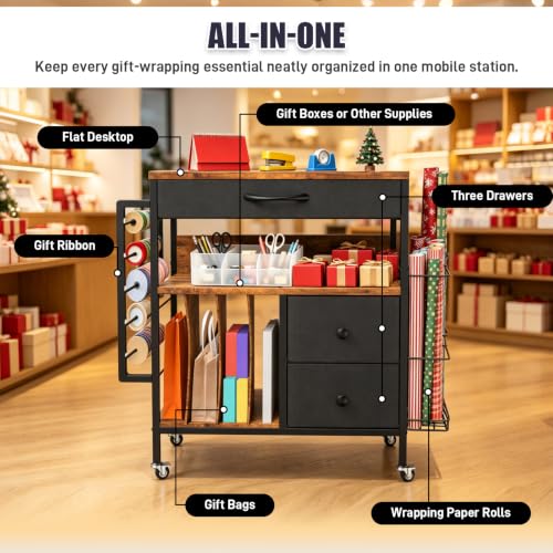 Wrapping Paper Storage Cart, Rolling Gift Wrap Station - Image 8