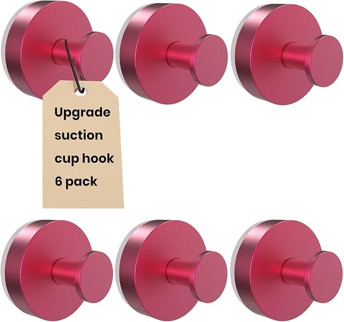 Vacuum Suction Cup Hooks for Shower 6 Pack, Heavy Duty Aluminum Alloy Towel Hooks for Bathroom Kitchen Glass Tile Mirror Wall No Drill Removable Robe Loofah Coat Suction Hooks Hanging-Red