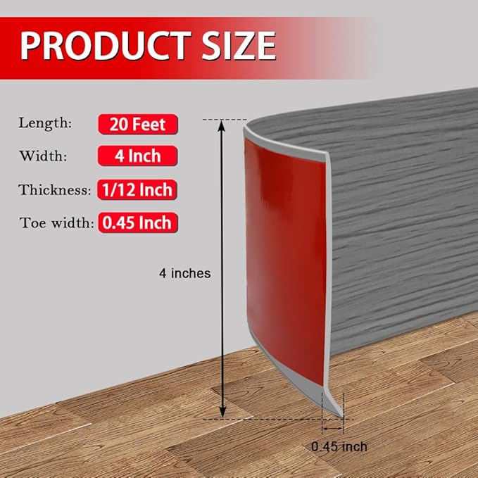 FONUNO Vinyl Wall Base Baseboard Molding Trim 4" Flexible Self Adhesive Rubber Wall Base Moulding Trim Peel and Stick Design, 4 Inch x 20 Feet, Medium Grey Wood Grain