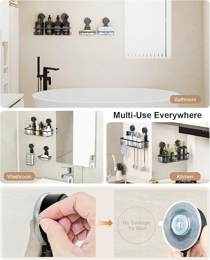 JOTPE Suction Cup Shower Shelf, 5 Pack Powerful Suction Cup Caddy with Hooks & Soap Holder, Drill-Free Wall Mounted Suction Basket, Large Capacity Removable Bathroom Storage, Hanging Up to 40lb/18KG