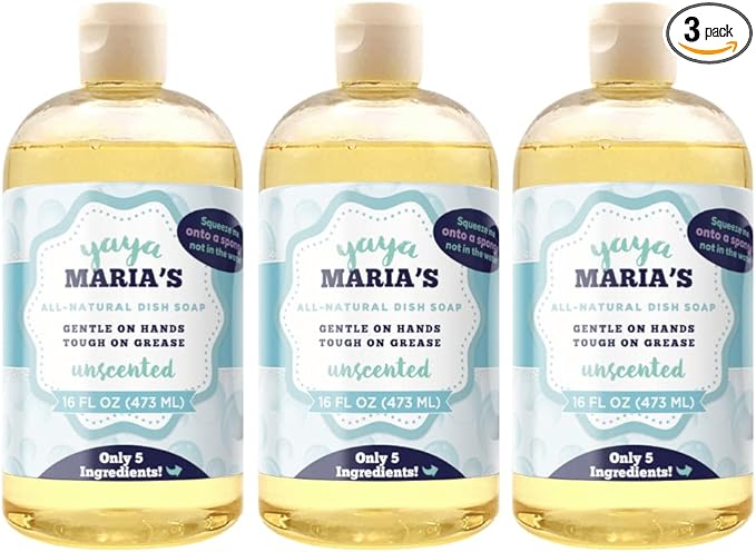 Yaya Maria's Natural Liquid Dish Soap, Only 5 Ingredients, 100% Nontoxic, Compare to Any Other Dish Soap, 3-Pack (Unscented)