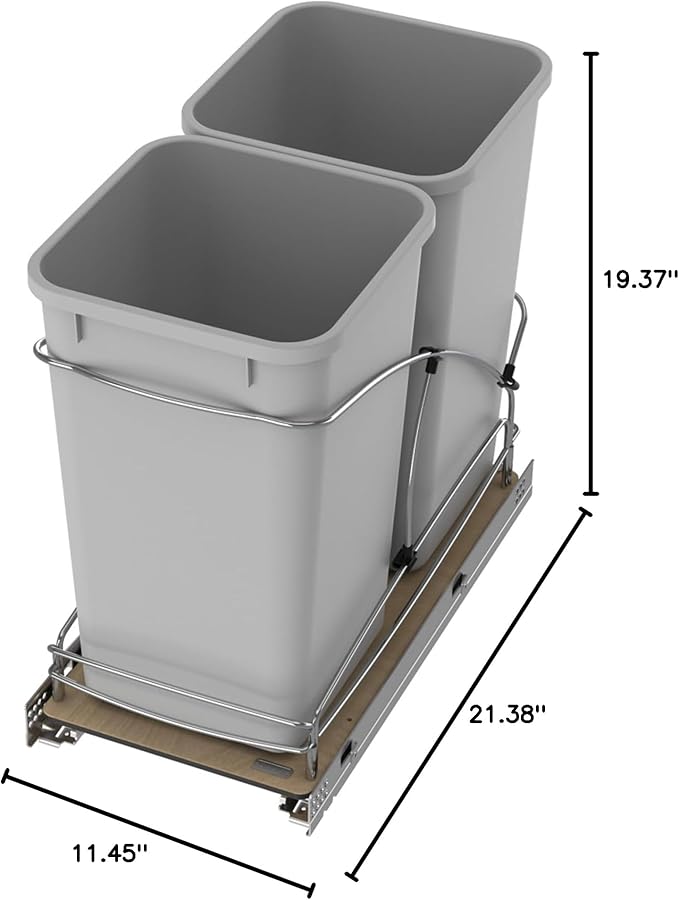 Rev-A-Shelf Steel Bottom Mount Double 27 Quart 6.75 Gallon Waste Bin Trash Container for Under Kitchen Cabinet with Soft Close, Gray, 54WC-1527SC-17-1