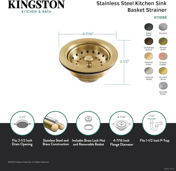Kingston Brass K111BBN Tacoma Stainless Steel Kitchen Sink Basket Strainer, Brushed Nickel