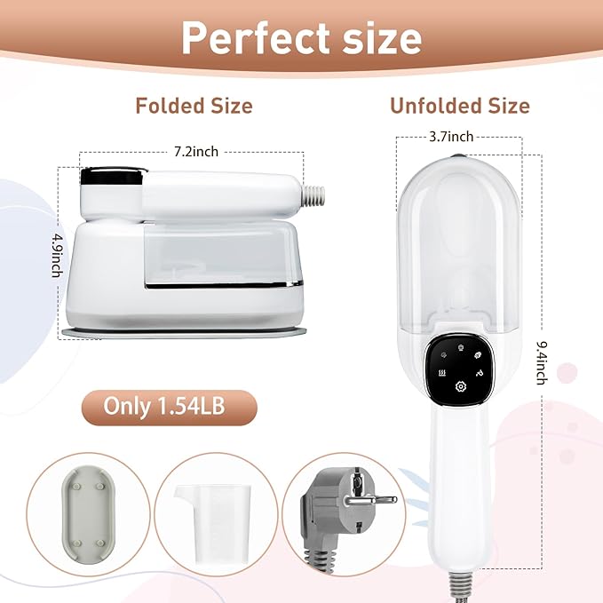 Travel Steamer for Clothes, 4-Speed Steam Adjustable Handheld Iron with LCD Display Screen, 5S Rapid Preheating 1300W Clothes Hanging Ironing Machine, Suitable for Home, Dormitory & Travel (White)