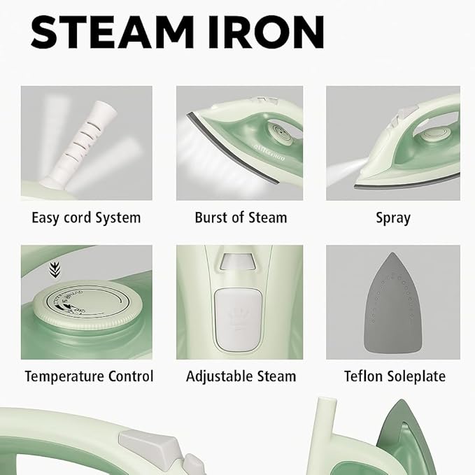 J&V TEXTILES Steam Iron with Ceramic Soleplate, Adjustable Temperature Control, Burst Steam Function, Anti-Calc System, Self-Clean Feature for All Fabrics (Green)