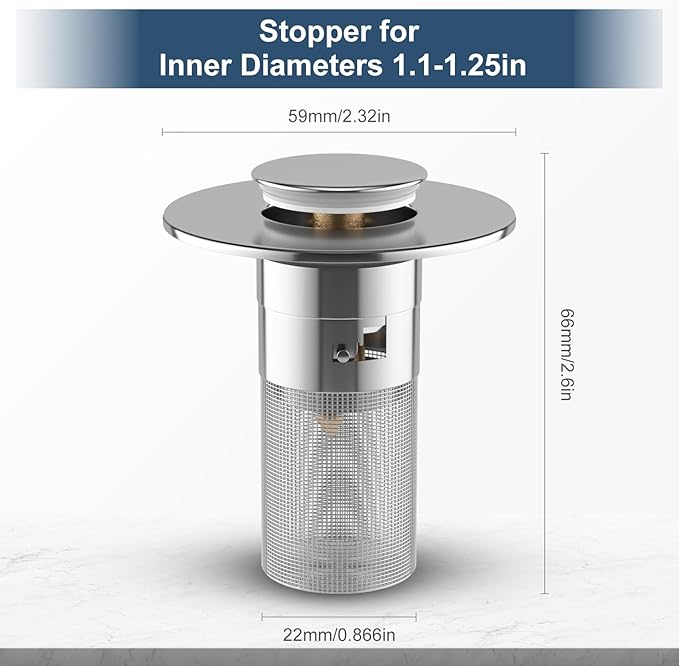 Click Clack Bathroom Sink Drain Stopper with 304 Stainless Steel Filter Basket, Detachable Design, Brass Bounce Setting, Fits Inner Diameters 1.10-1.25 in (28-32mm) (1PCS)