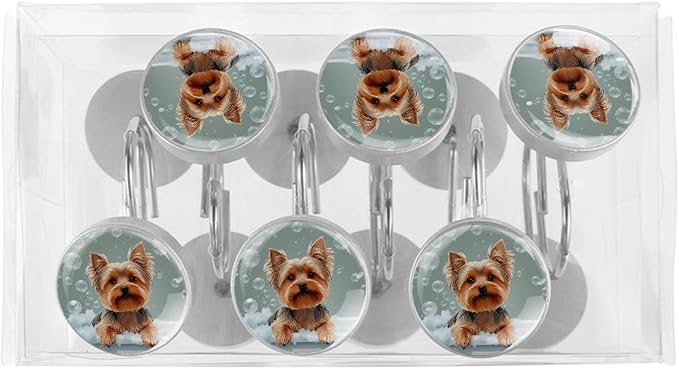 Bathing Dog and Bubbles Shower Curtain Hooks 12Pcs, Decorative Rust Resistant Shower Rings for Shower Curtain Rods, Stainless Steel Round Curtain Hooks for Bathroom, Bedroom, Farmhouse