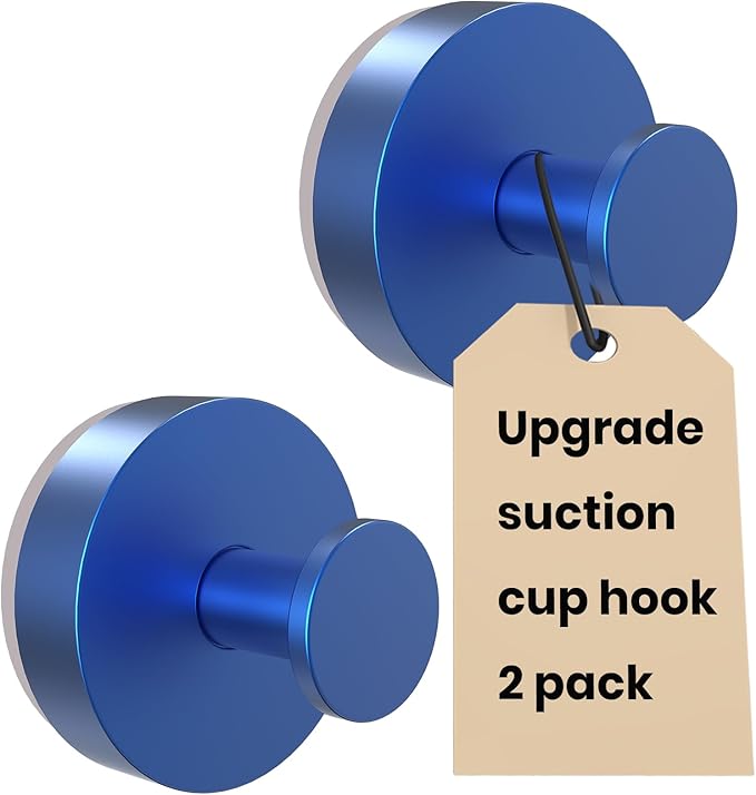 Vacuum Suction Cup Hooks for Shower 2 Pack, Heavy Duty Aluminum Alloy Towel Hooks for Bathroom Kitchen Glass Tile Mirror Wall No Drill Removable Robe Loofah Coat Suction Hooks Hanging-Blue
