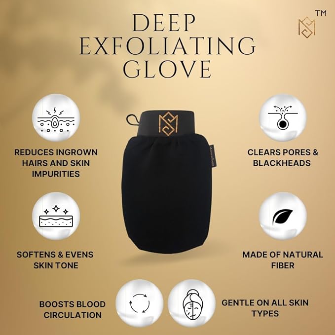 Exfoliating Glove Kessa Mitt Body Scrubber - Dead Skin Remover Shower Glove for Dead Skin Scrubbing and Deep Pore Cleansing - by MoroccanSource (1 Pack Black with soap Sample)