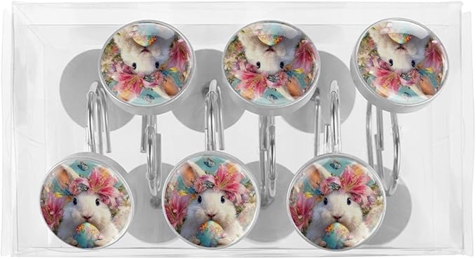Easter Rabbit and Flowers Shower Curtain Hooks 12Pcs, Decorative Rust Resistant Shower Rings for Shower Curtain Rods, Stainless Steel Round Curtain Hooks for Bathroom, Bedroom, Farmhouse