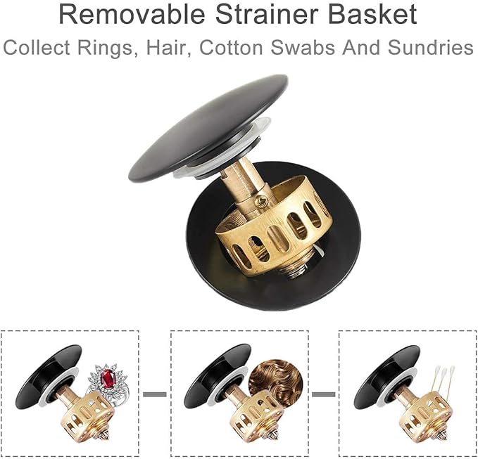Bathroom Sink Drain with Strainer Basket Hair Catcher Anti Clog Pop Up Drain Stopper Vanity Vessel Sink with Overflow, Matte Black 83606-1MB.