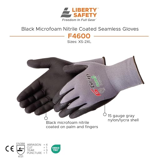Liberty F4600 G-Grip Micro-Foam Nitrile Palm Coated Seamless Gloves with 15-Gauge Nylon Shell | Ideal for Automotive, Manufacturing, General Purpose | Gray/Black, Small (Pack of 12)