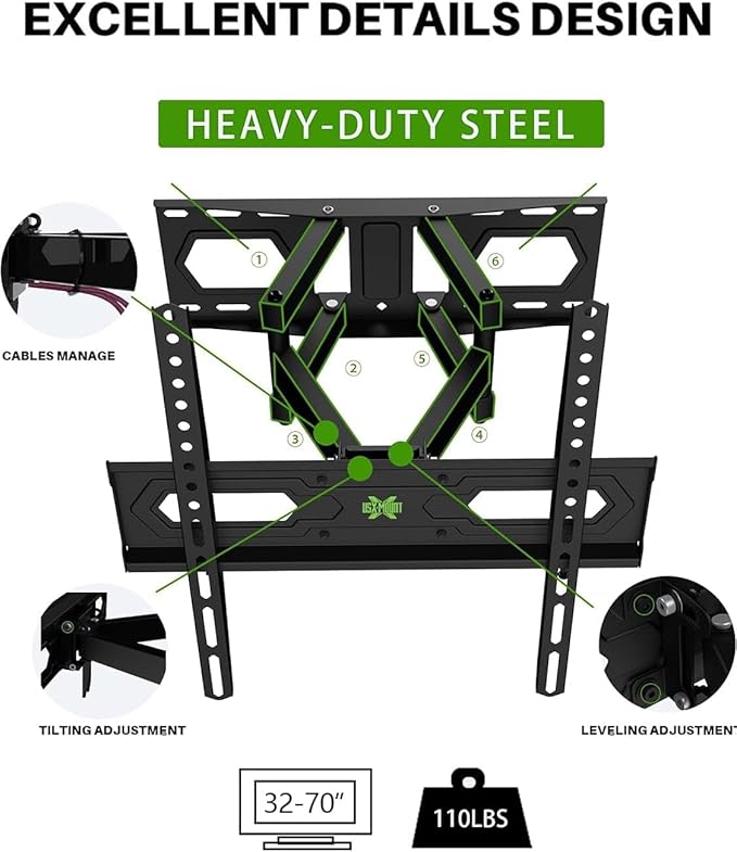 USX MOUNT TV Wall Mount for 32-70 inch Flat Screen/LED/4K up to 110lbs, Full Motion TV Mount Bracket with Swivel & Tilt Articulating Dual Arms, Max VESA 400x400mm, Fits 12/16" Wood Studs