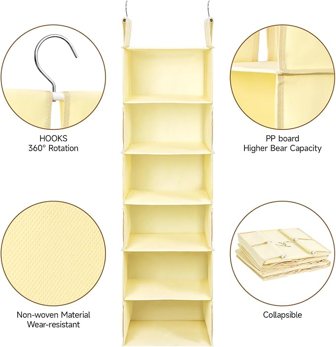 Posprica Interchangeable Hanging Closet Organizer โ 6 Slim Tiers or 3 Spacious Compartments, Foldable Dual-Sided Fabric Shelf for Wardrobe, RV, Dorm(Beige)