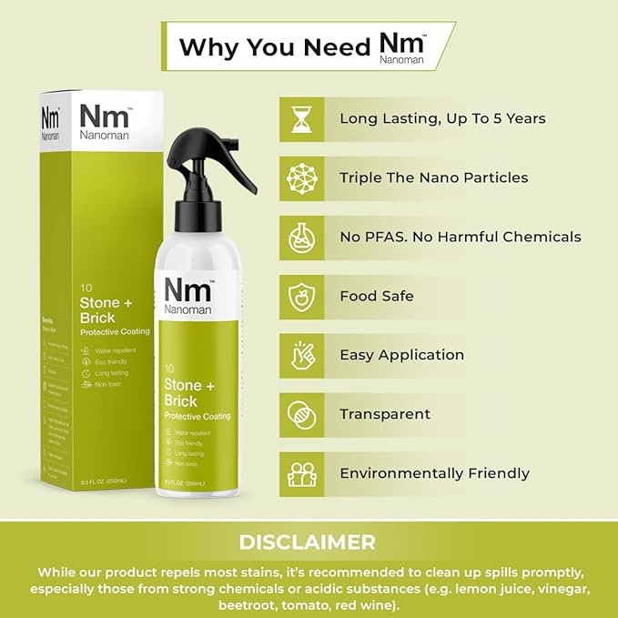 Nanoman Stone and Brick Sealer 8.4 fl oz; Marble Granite Quartz Stone Brick Concrete Grout Sealer and Protectant; Cleaner Sealant Protector & Care Spray for Kitchen and Bathroom Benches and Surfaces