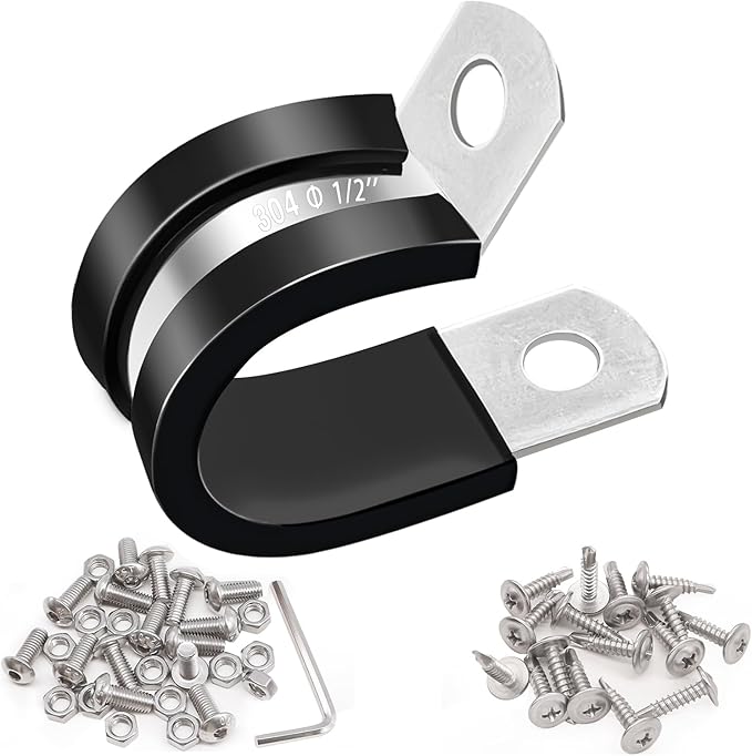 Taiss 50PCS 1/2 Inch Cable Clamps 304 Stainless Steel Rubber Cushion Insulated Wire Clamp,Pipe Clamps Loop Clamps,Metal Clamp With two kinds of screws (13mm)