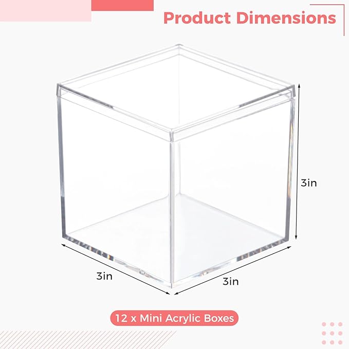 Homaisson 12 PCS Acrylic Square Cube 3 x 3 x 3 Inches, Small Clear Plastic Display Boxes with Lids, Clear Acrylic Storage Square Cube Boxes, Display Case Container for Candy Jewelry Tiny Items
