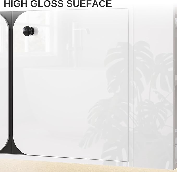 IRONCK 36 Inch Bathroom Vanity with Sink, Wall Mounted Floating Vanity with LED Light & Open Side Shelf, High Gloss Modern Bathroom Cabinet for Small Space, White