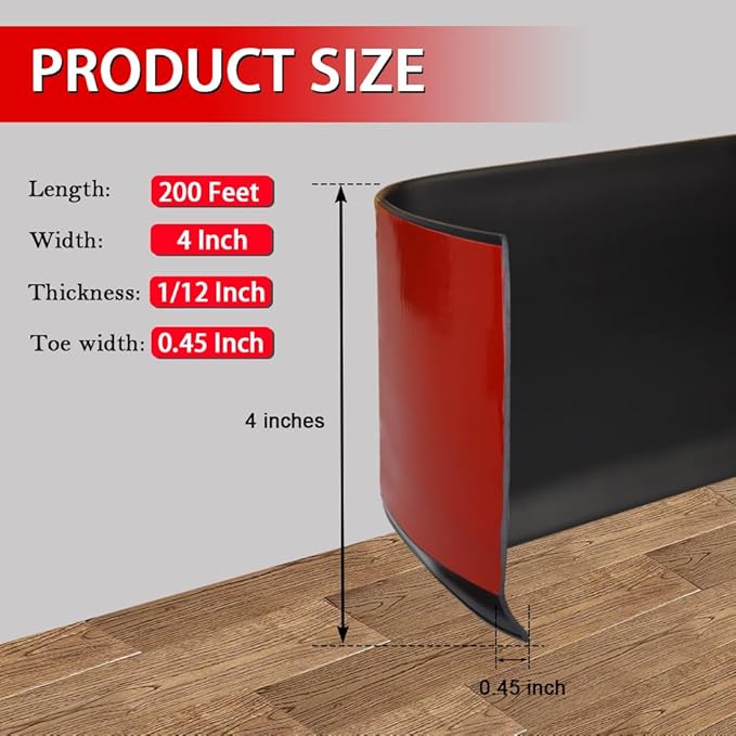 Vinyl Wall Base Baseboard Molding Trim 4" Flexible Self Adhesive Rubber Wall Base Moulding Trim Peel and Stick Design, 4 Inch x 200 Feet, Black
