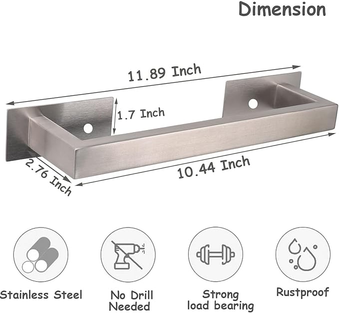 Bathroom Towel Bar Self Adhesive, No Drilling Towel Rack Easy to Install,Hand Towel Holder Made of Premium Stainless Steel Sticky on Hand Towel Hanger for Kitchen, Toilet.(12IN, Brushed)