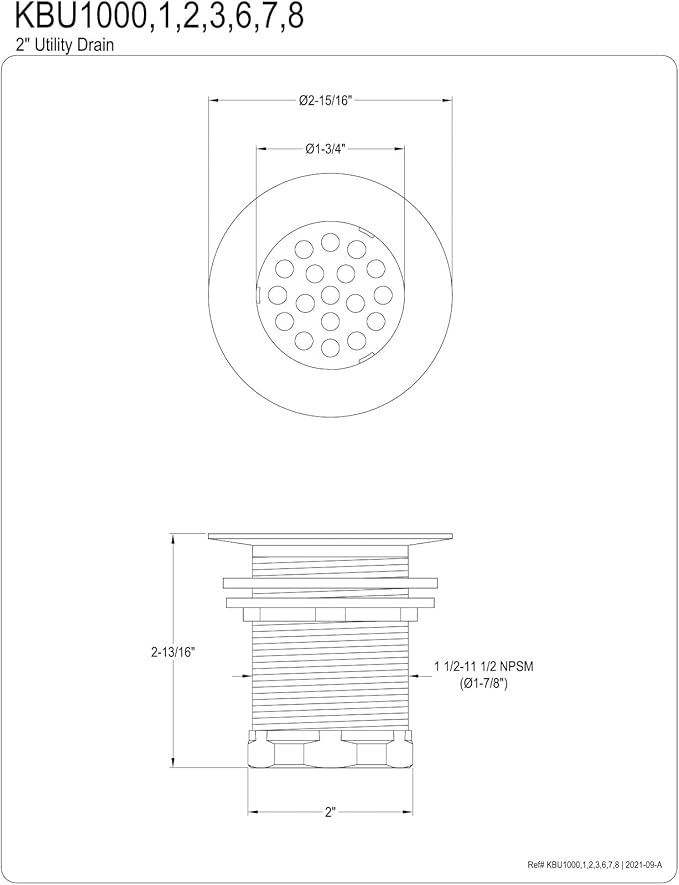 Kingston Brass KBU1000 Seattle 2-Inch Brass Grid Bar/Utility Sink Drain, Matte Black