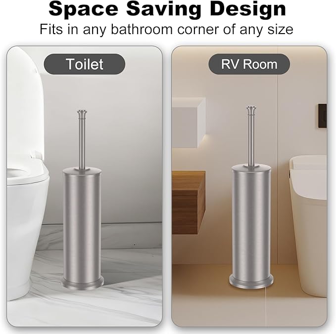 Stain Nickel Toilet Brush and Holder,Extra Long Handled Toilet Brush for Bathroom,Stainless Steel Heavy Duty Toilet Bowl Brush,Removable Inner Bowl,Deep Cleaning Dense Bristles Brush