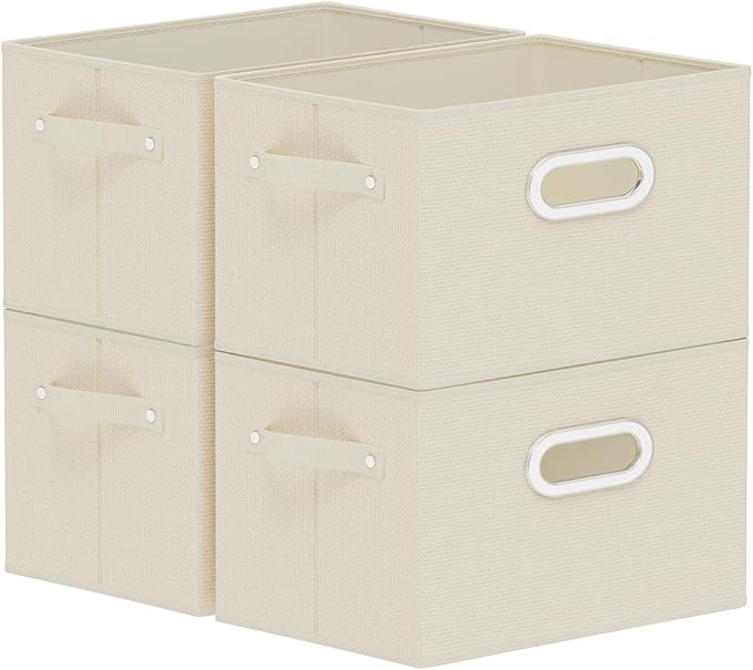 Foldable Cloth Basket with 4 Handles, Decorative Open Storage Boxes, Stackable Cube Organization, Fabric Bins for Shelves, Closet, Living Room, 10.2x7.9x6.7in, Beige, 4 Pack