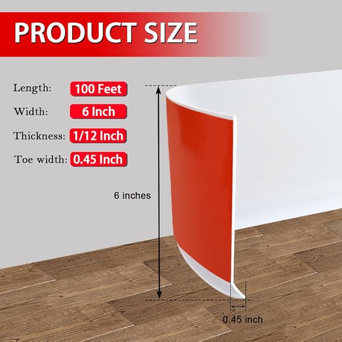 Vinyl Wall Base Baseboard Molding Trim 6" Flexible Self Adhesive Rubber Wall Base Moulding Trim Peel and Stick Design, 6 Inch x 100 Feet, White