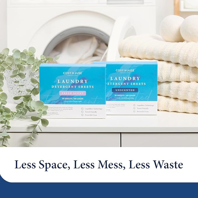Cosy House Collection Laundry Detergent Sheets – Fresh Scent, 30 Sheets for 60 Loads, Travel-Friendly & Liquidless Technology, Powerful Cleaning