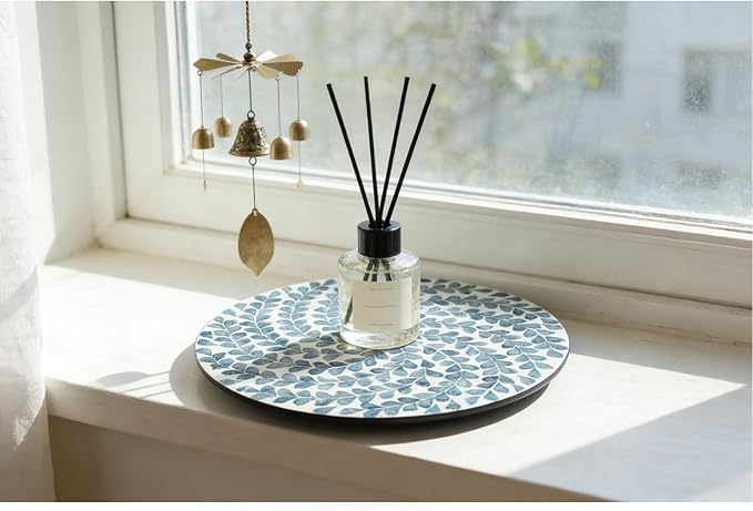 13.4" Mother of Pearl Lazy Susan, 360 Degrees Rotating Table Turntable Organizer Round Wood Spinning Tray for Countertop Table Cabinet Living Room Kitchen Office Home Decor (Blue Willow)